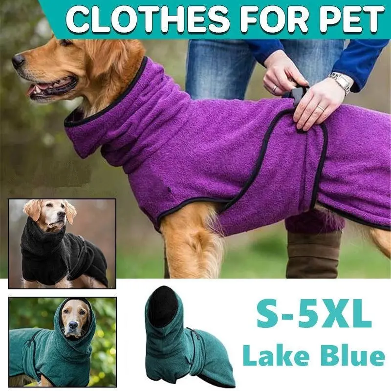 Pet Bathrobe Clothes Dog Towel Drying Robe Soft Warm Super Absorbent Lake Blue