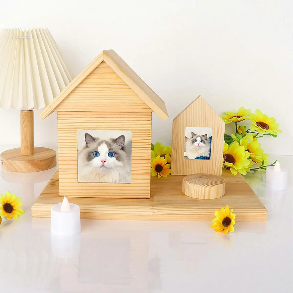 Pet House Urns Dog Cat Ashes Urn with Photo Frame Memory Box Wooden Memorial Pet