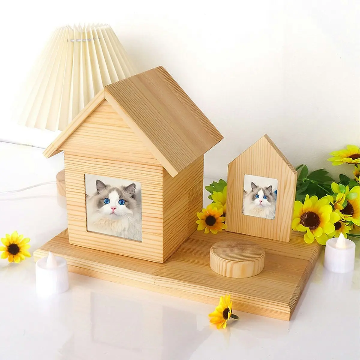 Pet House Urns Dog Cat Ashes Urn with Photo Frame Memory Box Wooden Memorial Pet