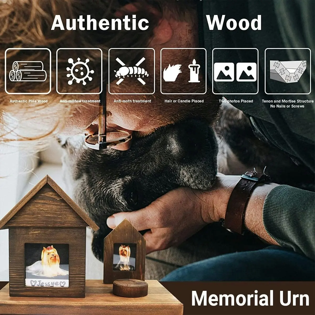 Pet House Urns Dog Cat Ashes Urn with Photo Frame Memory Box Wooden Memorial Pet