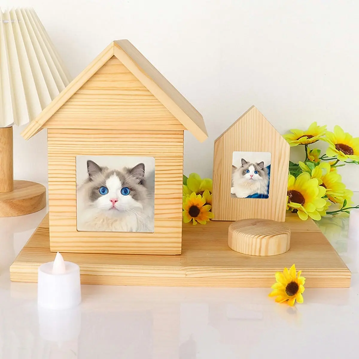 Pet House Urns Dog Cat Ashes Urn with Photo Frame Memory Box Wooden Memorial Pet