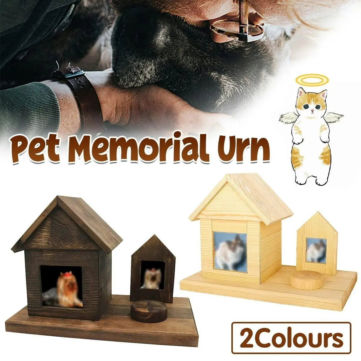 Pet House Urns Dog Cat Ashes Urn with Photo Frame Memory Box Wooden Memorial Pet