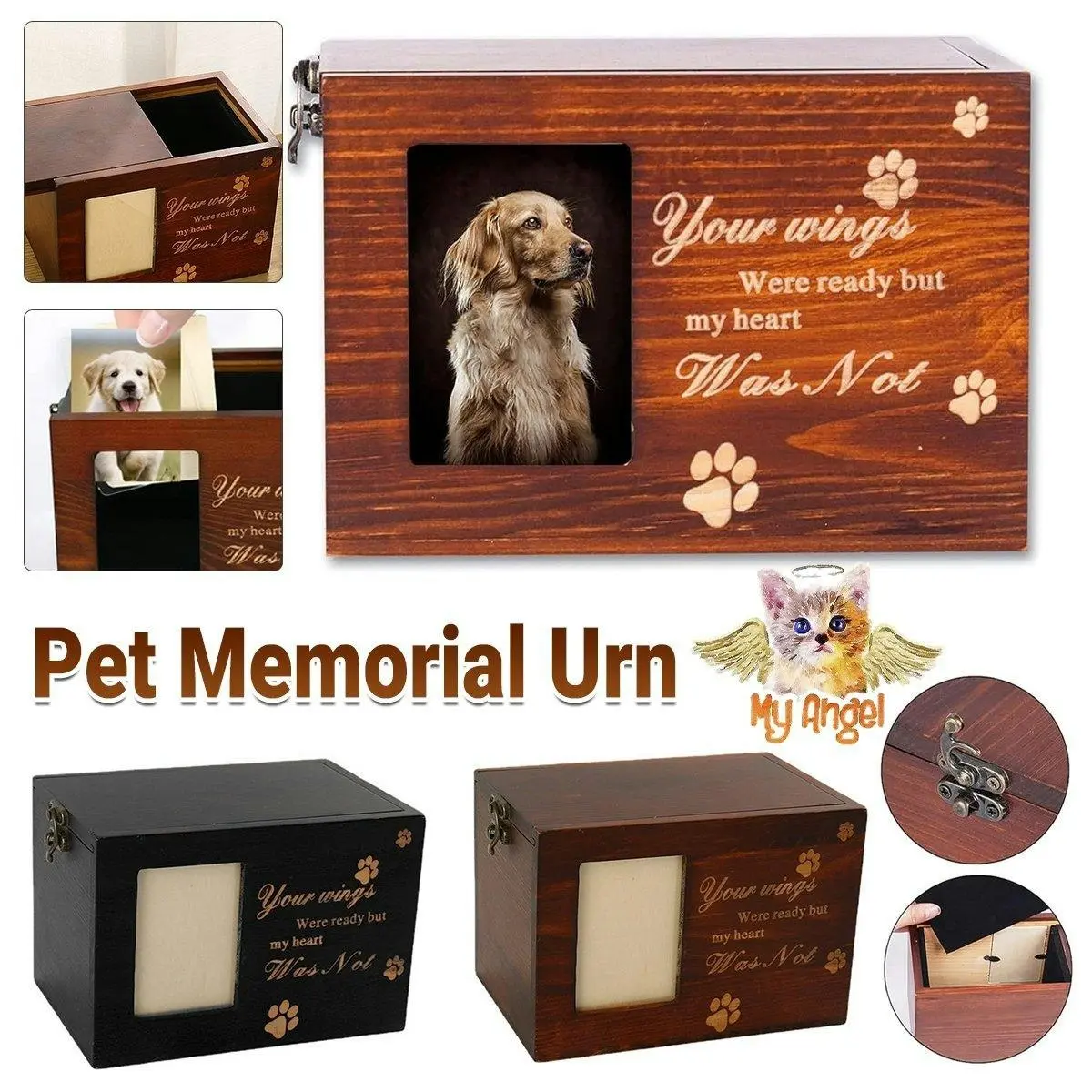 1x Wooden Pet Memorial Urn For Ashes With Photo Frame Cat/Dog Memory Box Keepsak