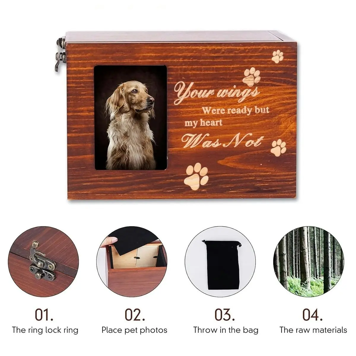 1x Wooden Pet Memorial Urn For Ashes With Photo Frame Cat/Dog Memory Box Keepsak