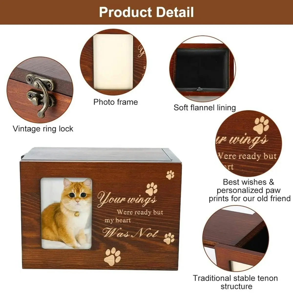 1x Wooden Pet Memorial Urn For Ashes With Photo Frame Cat/Dog Memory Box Keepsak