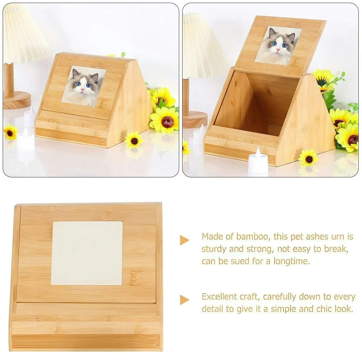 Wooden Pet Memorial Urn for Ashes with Photo Frame Cat / Dog Memory Box Keepsake