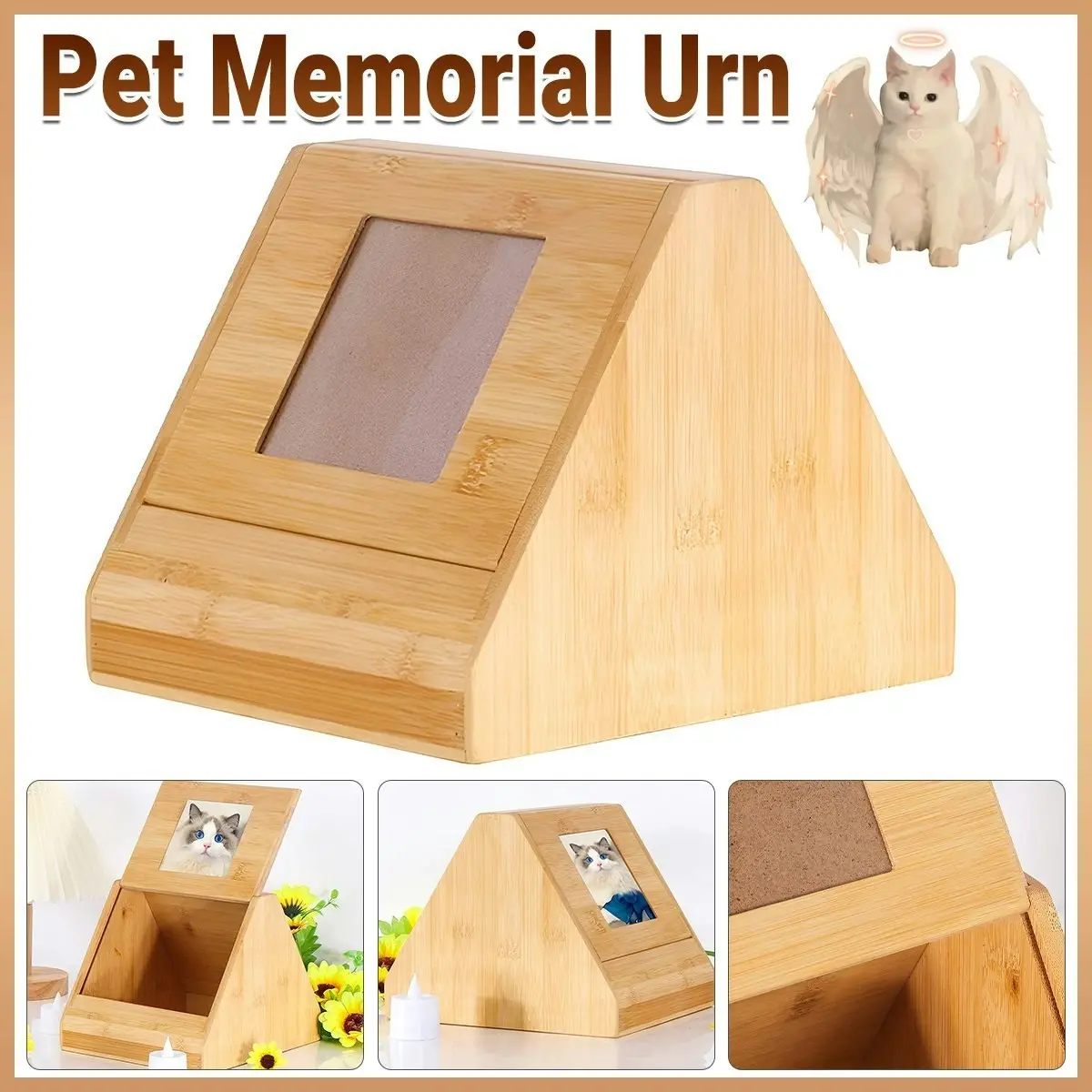 Wooden Pet Memorial Urn for Ashes with Photo Frame Cat / Dog Memory Box Keepsake