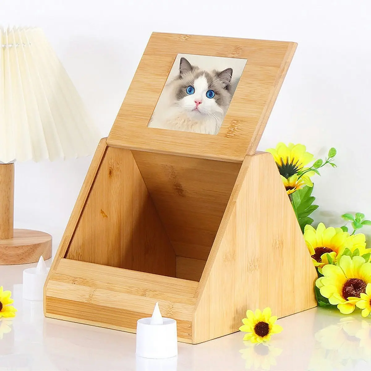 Wooden Pet Memorial Urn for Ashes with Photo Frame Cat / Dog Memory Box Keepsake