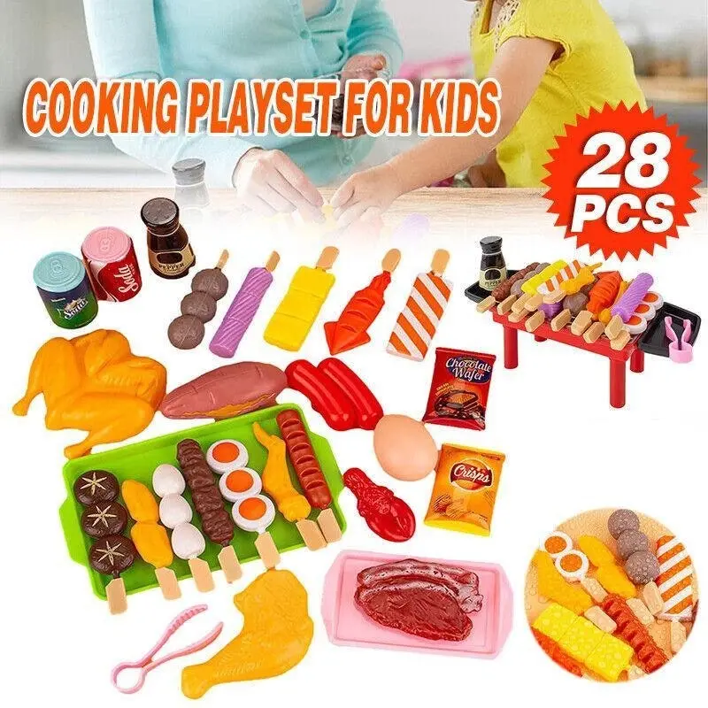 Set Kids BBQ Pretend Play Kitchen Food Toys Cooking Playset for Kids 28pcs