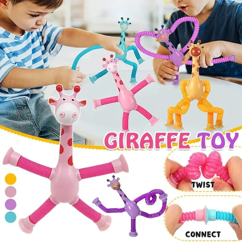 Telescopic Suction Cup Giraffe Tube Toy Stress Relief Light Up Educational Toys