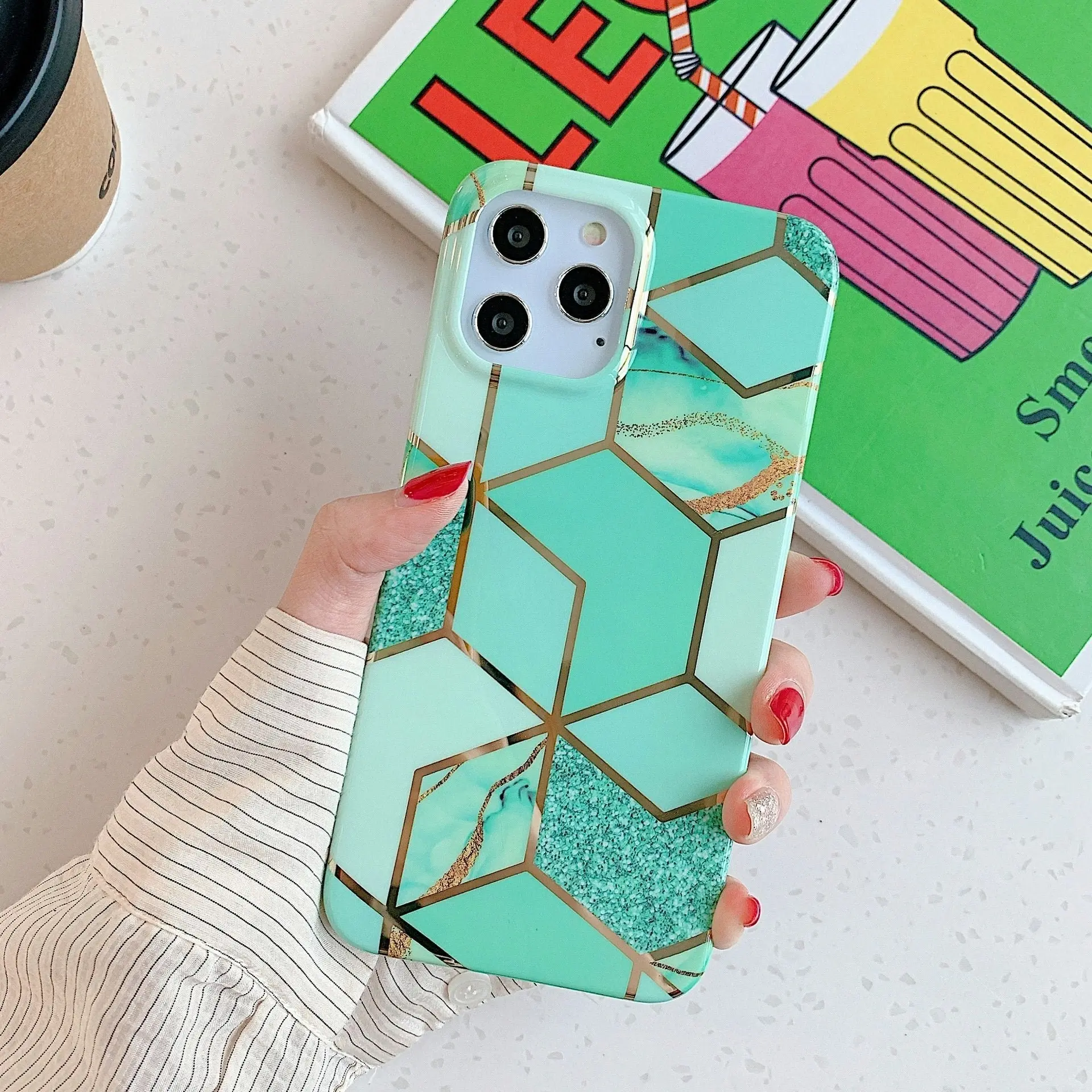 Green Case for iPhone 14 13 12 11 Pro Max XR XS Marble Phone Shockproof Cover Silicone