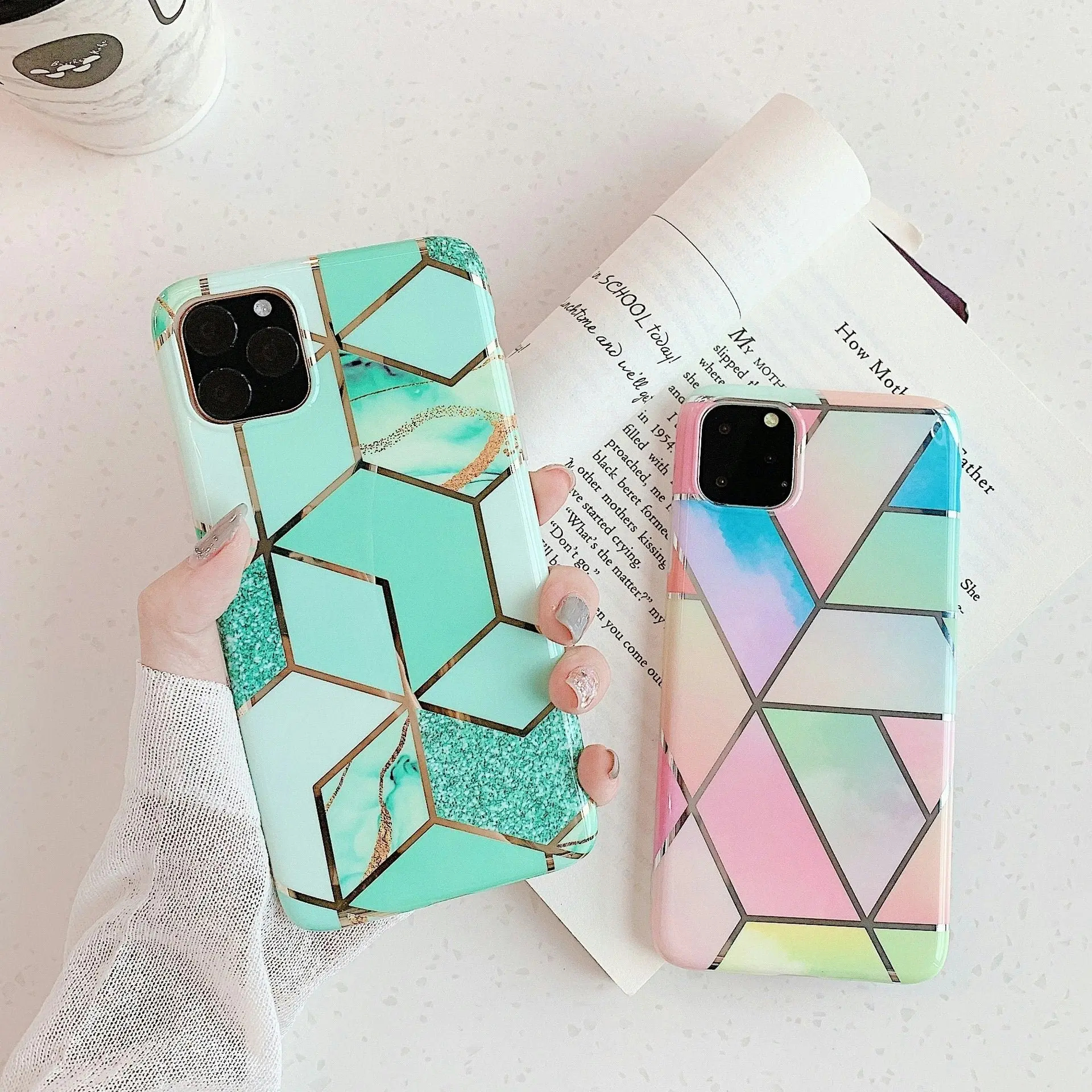 Green Case for iPhone 14 13 12 11 Pro Max XR XS Marble Phone Shockproof Cover Silicone