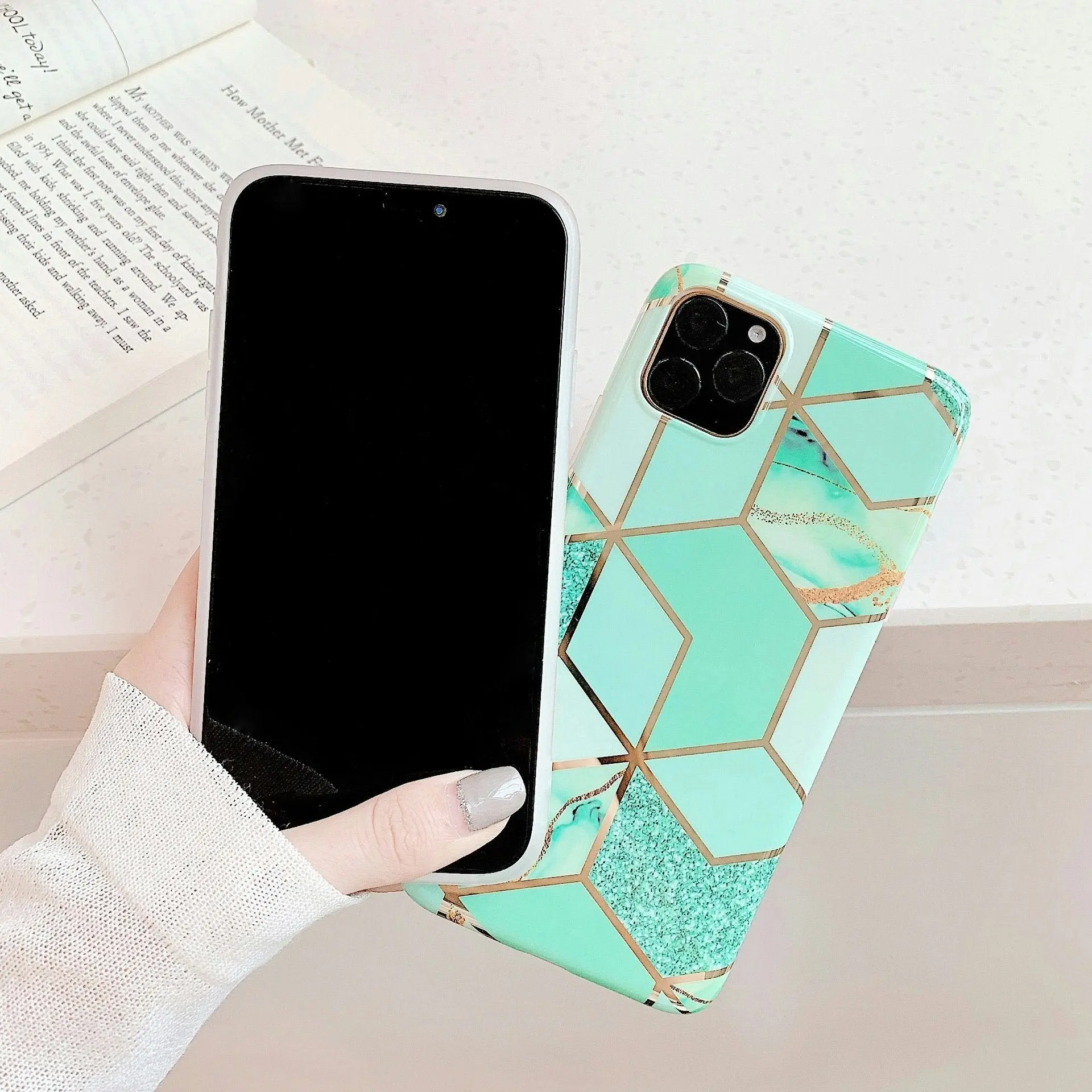 Green Case for iPhone 14 13 12 11 Pro Max XR XS Marble Phone Shockproof Cover Silicone