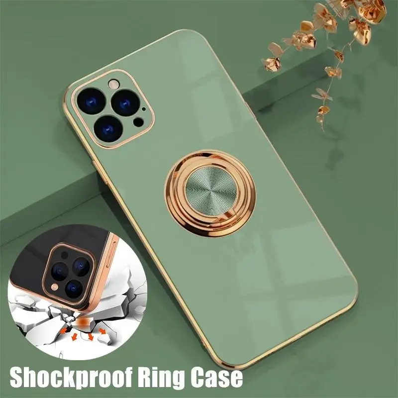 Fruit Green Luxury Shockproof Silicone Ring Case Stand Cover for iPhone 14 13 12 Pro Max