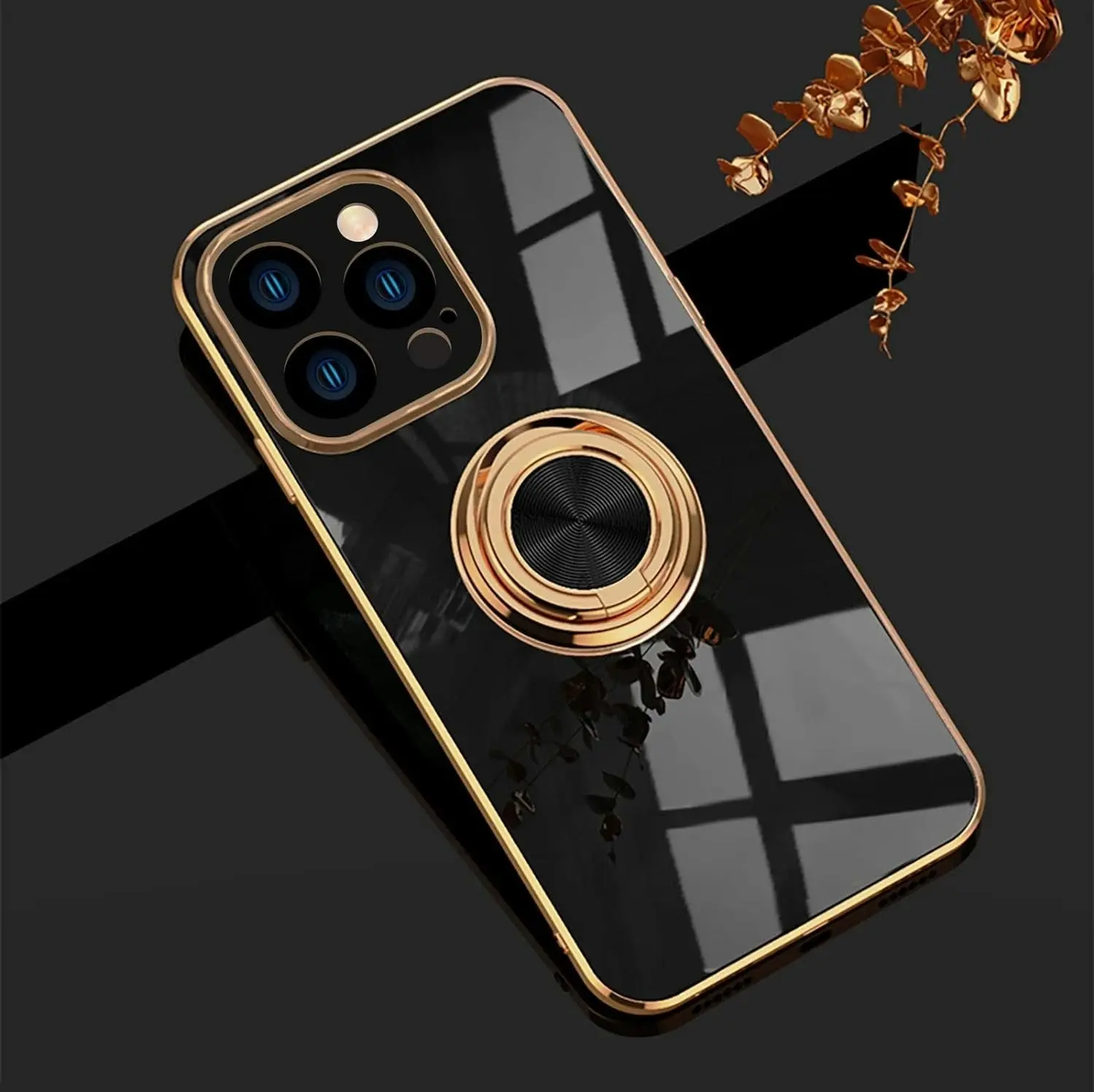 Black Luxury Shockproof Silicone Ring Case Stand Cover for iPhone 14 13 12 Pro Max