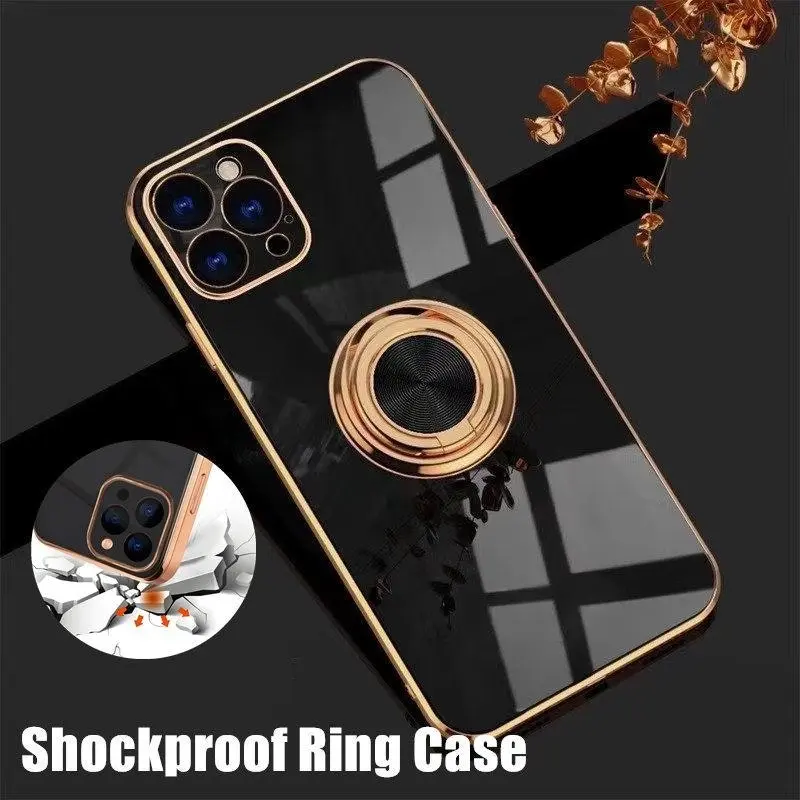 Black Luxury Shockproof Silicone Ring Case Stand Cover for iPhone 14 13 12 Pro Max