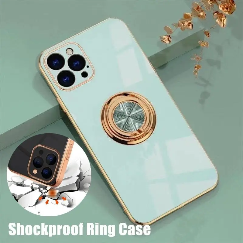 Light Cyan Luxury Shockproof Silicone Ring Case Stand Cover for iPhone 14 13 12 Pro Max