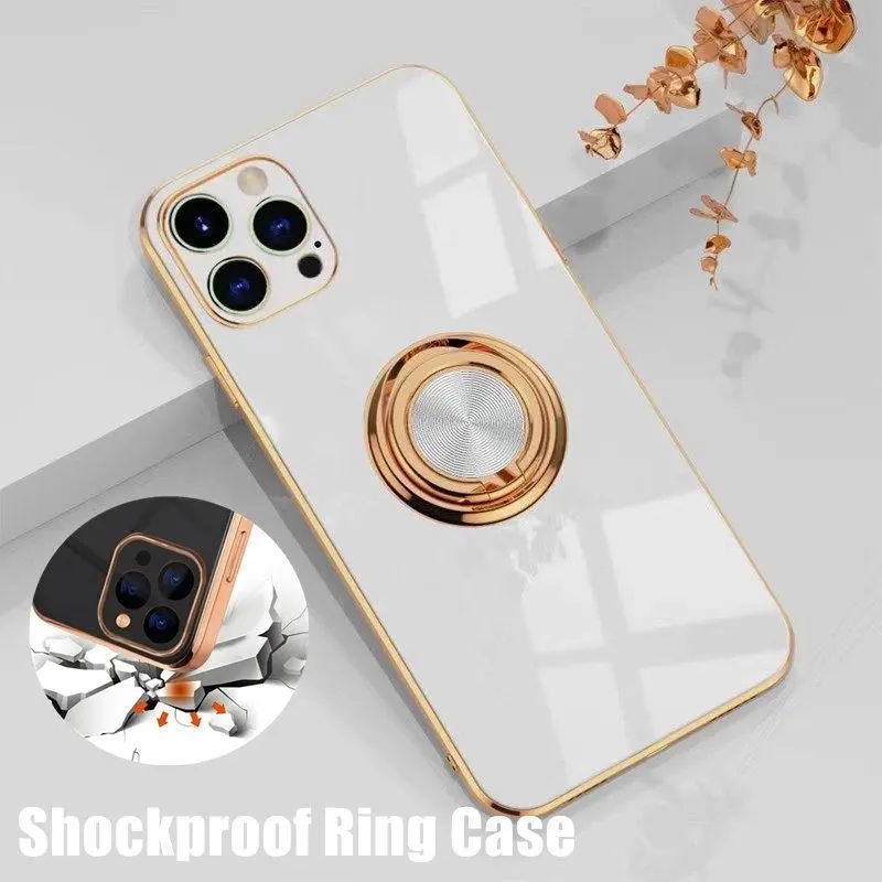 White Luxury Shockproof Silicone Ring Case Stand Cover for iPhone 14 13 12 Pro Max