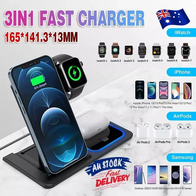 3 in 1 15W Wireless Charger Dock Qi Fast Charging For iPhone Apple Watch