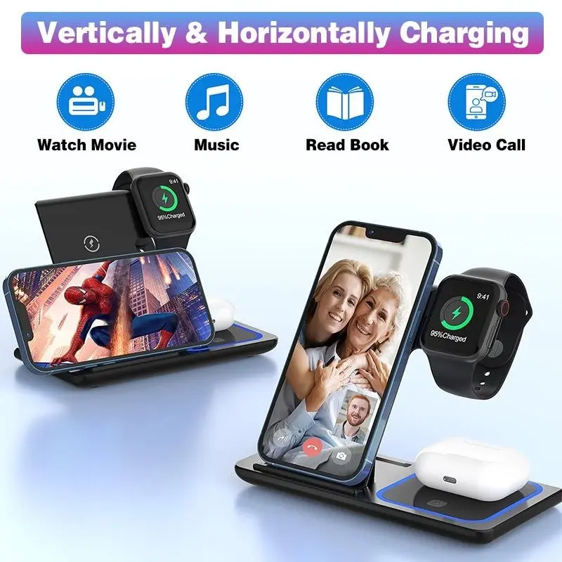 3 in 1 15W Wireless Charger Dock Qi Fast Charging For iPhone Apple Watch