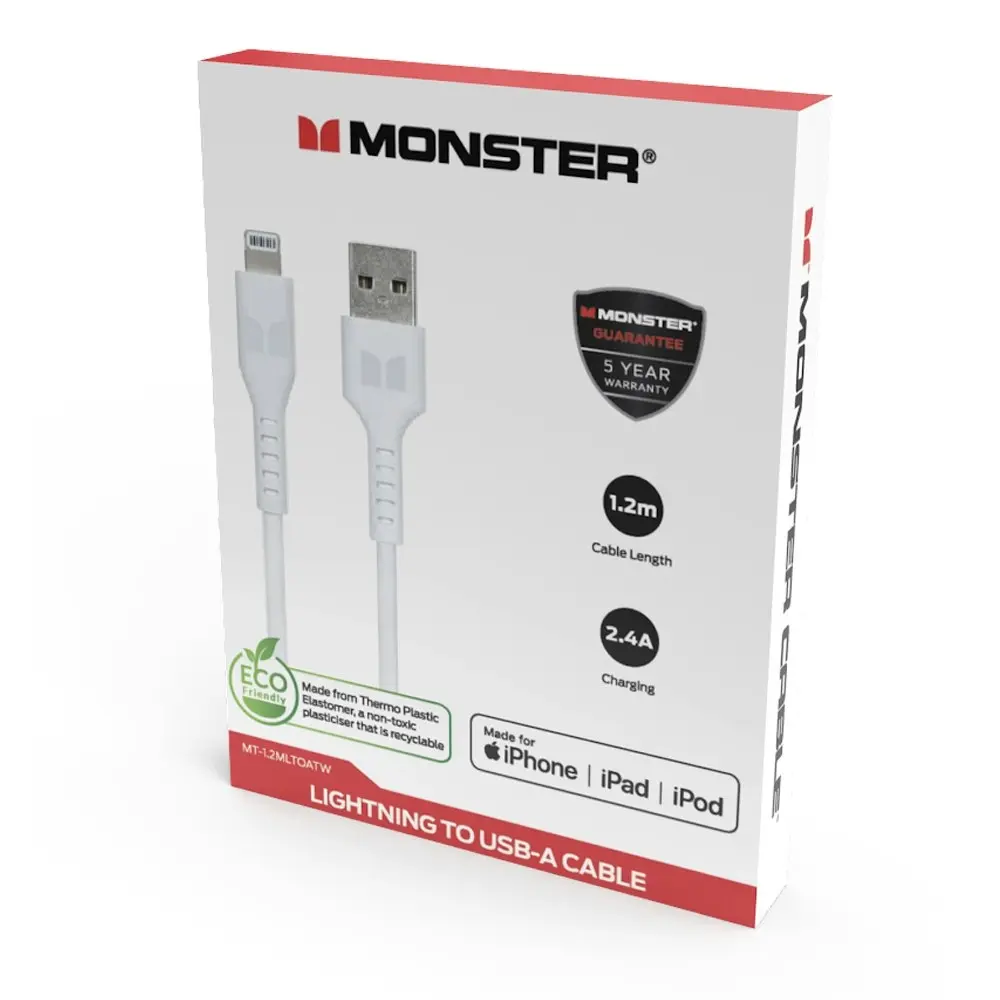 Monster 1.2M MFI-Certified Lightning to USB-A Charging/Sync Cable For iPhone WHT