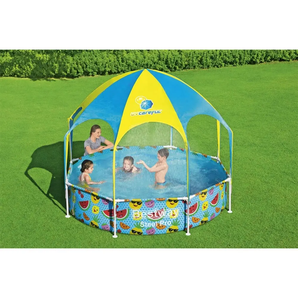 Bestway 2.44m Steel Pro UV Splash N Shade Play Pool w/ Sunshade Kids Swimming