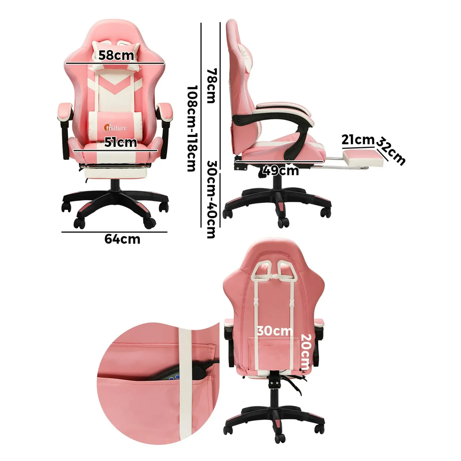 Oikiture Gaming Chair 7 RGB LED 8 Points Massage Racing Recliner Office Computer Pink&White