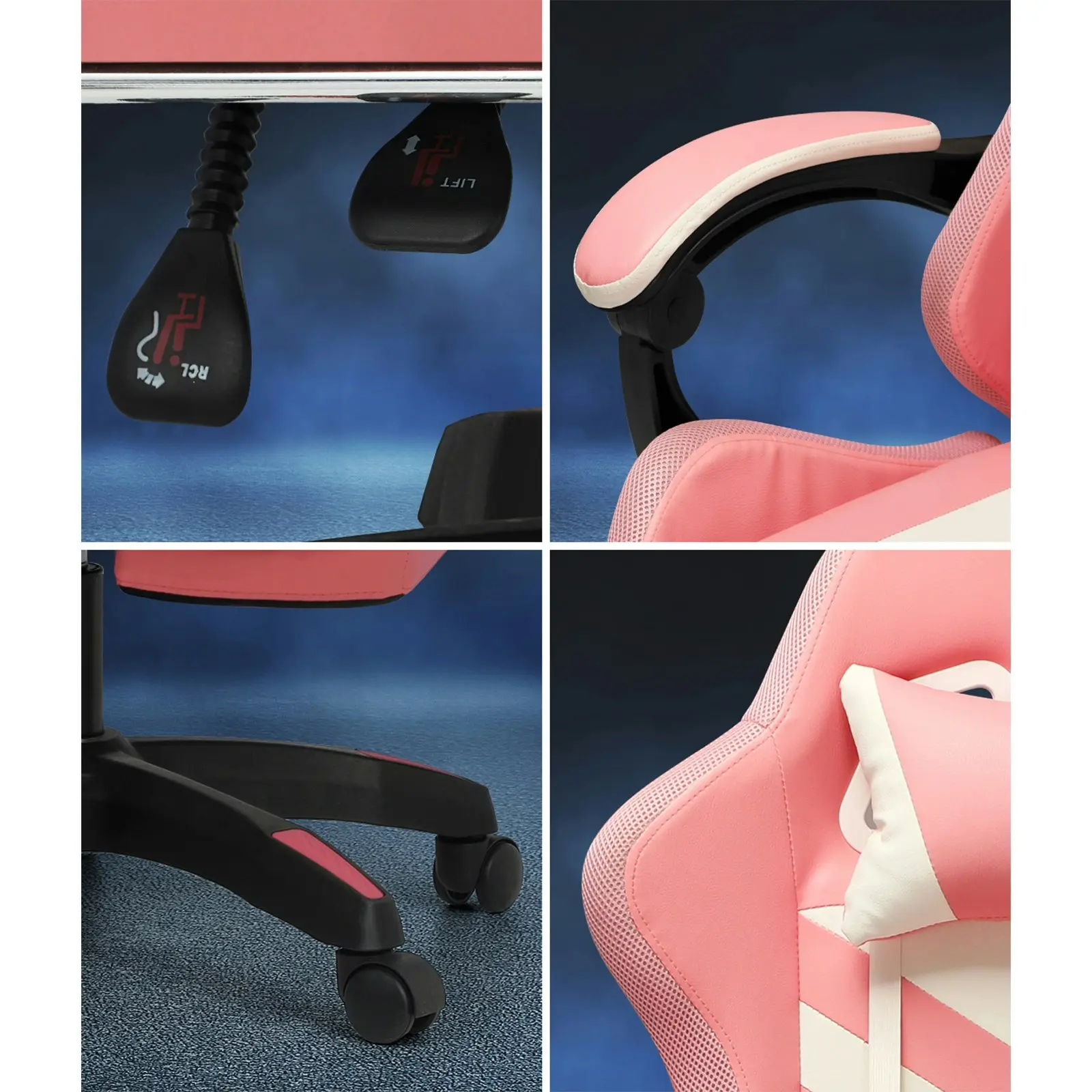 Oikiture Gaming Chair 7 RGB LED 8 Points Massage Racing Recliner Office Computer Pink&White