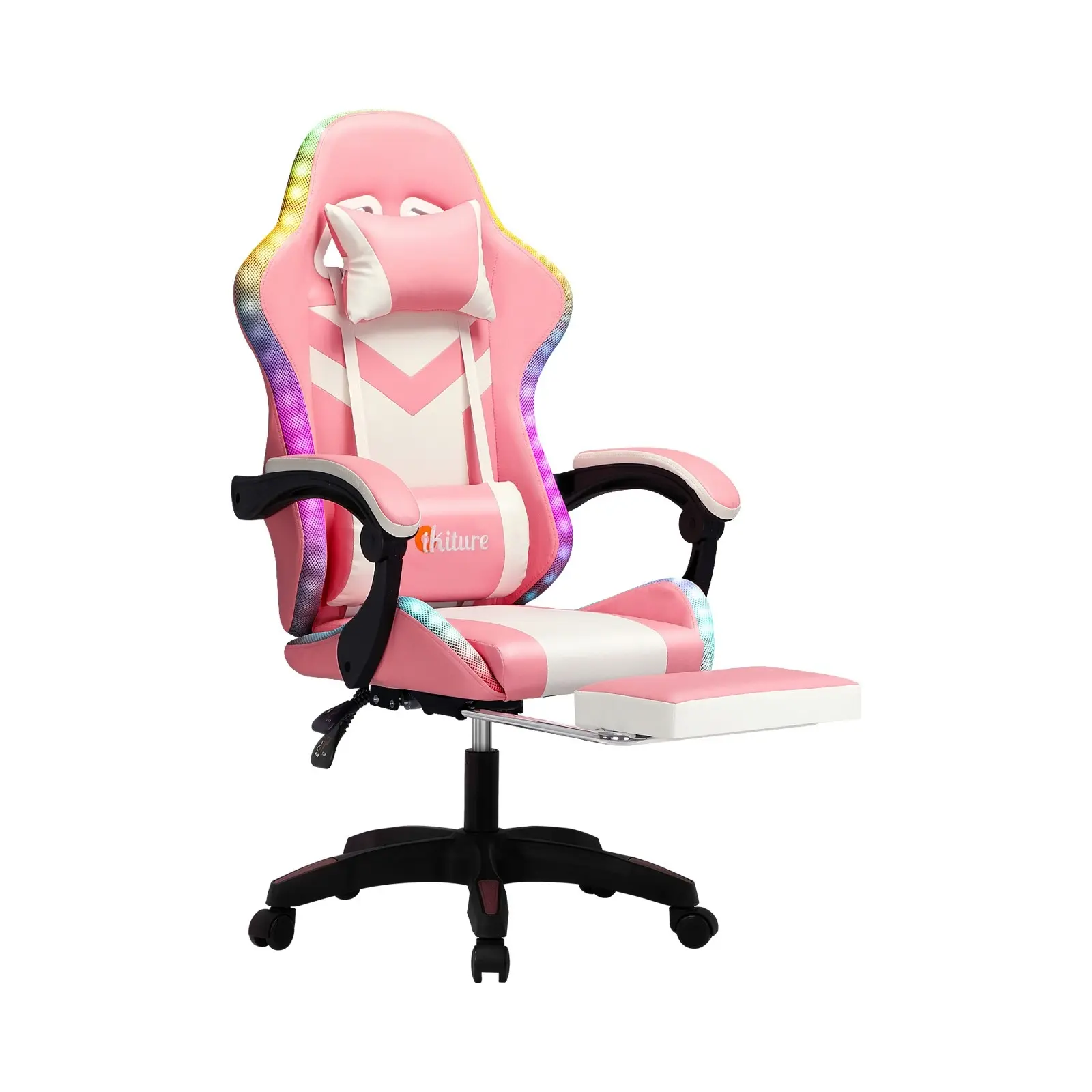 Oikiture Gaming Chair 7 RGB LED 8 Points Massage Racing Recliner Office Computer Pink&White