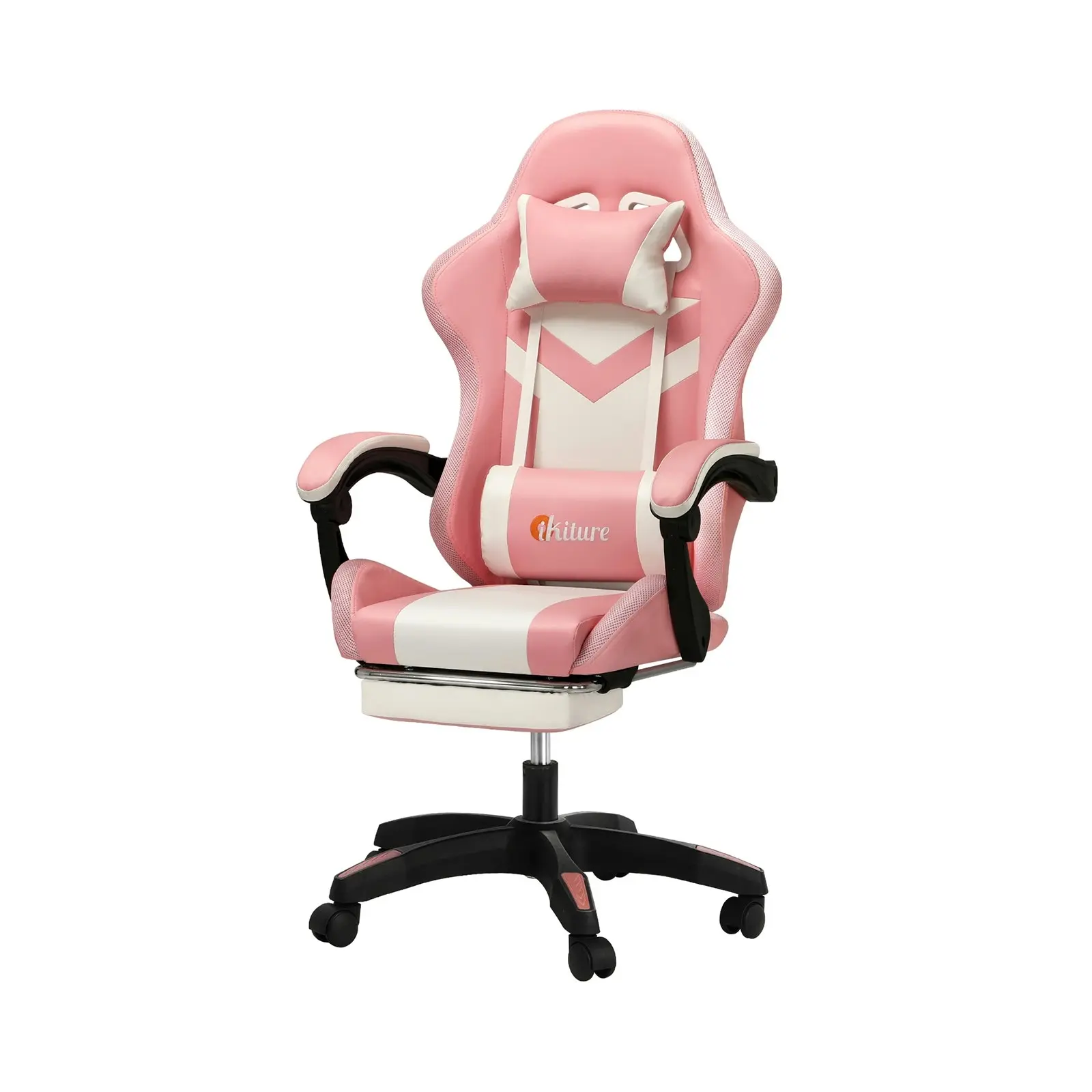 Oikiture Gaming Chair 7 RGB LED 8 Points Massage Racing Recliner Office Computer Pink&White