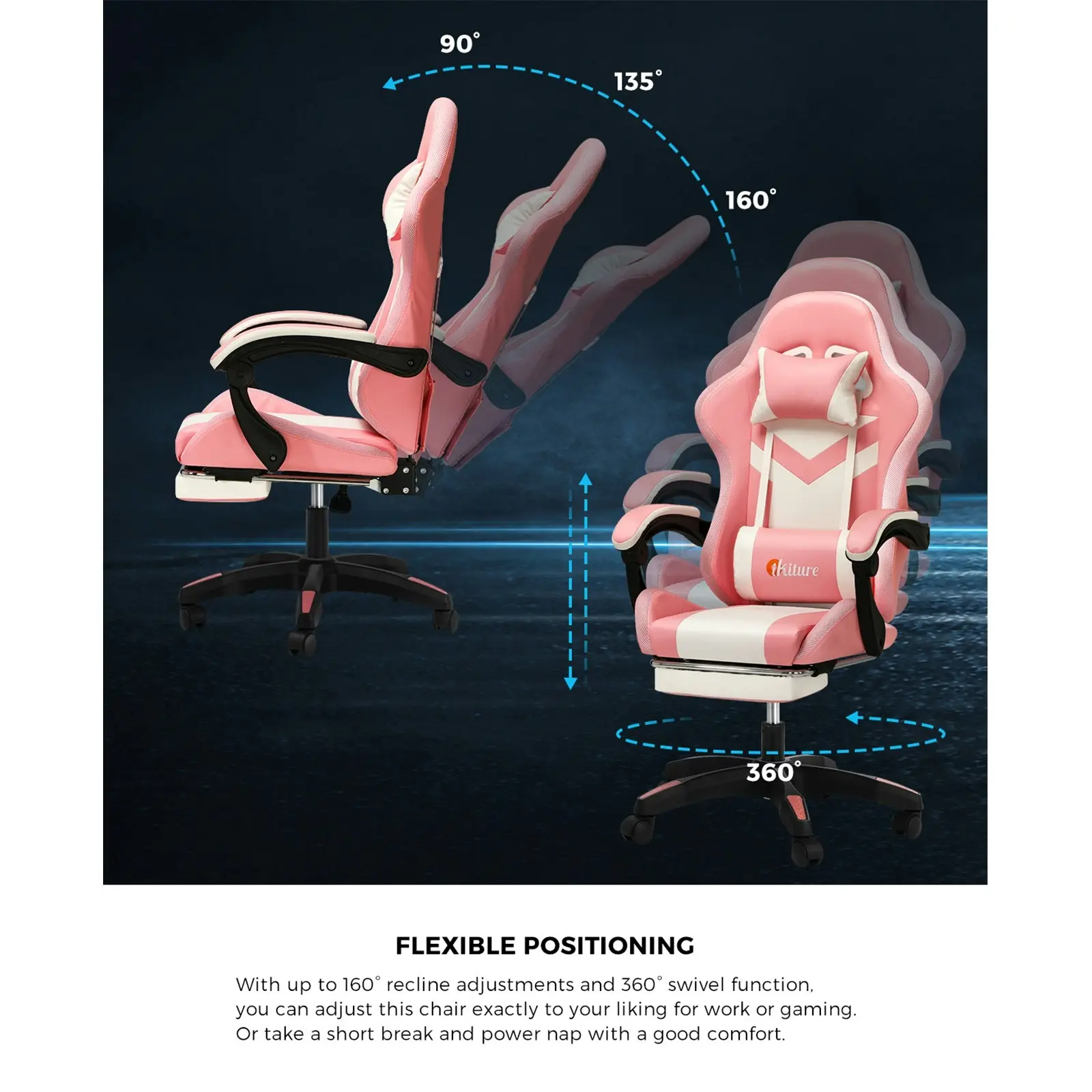 Oikiture Gaming Chair 7 RGB LED 8 Points Massage Racing Recliner Office Computer Pink&White