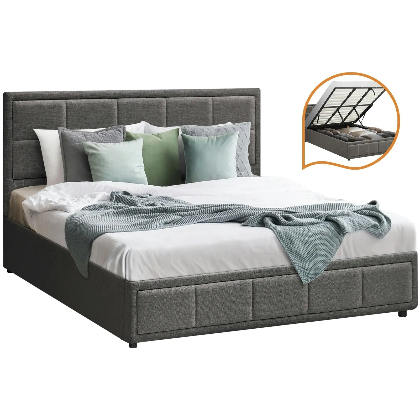 Oikiture Bed Frame King Size Gas Lift Storage Base Fabric Grey