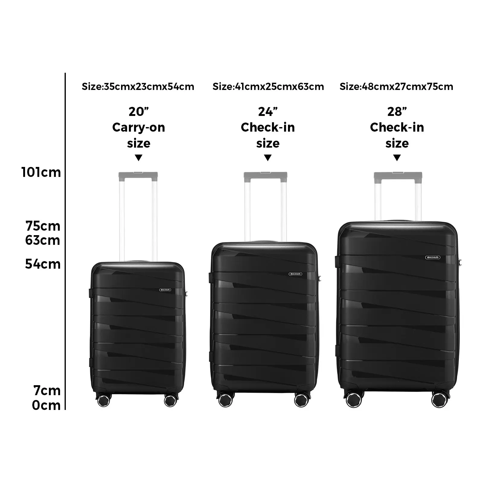 Mazam 3PCS Luggage Suitcase Trolley Set Travel TSA Lock Storage PP Case Black