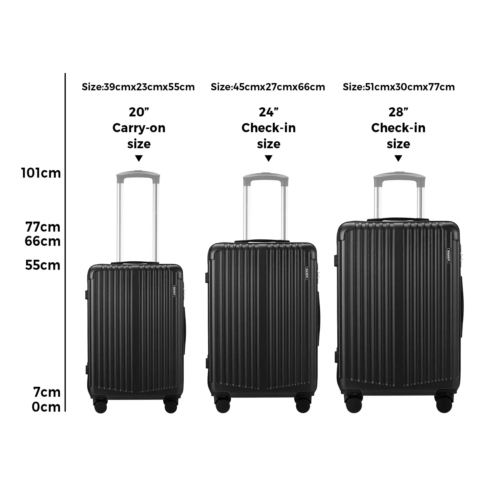 Mazam 3PCS Luggage Suitcase Trolley Set Travel TSA Lock Storage ABS Case Black