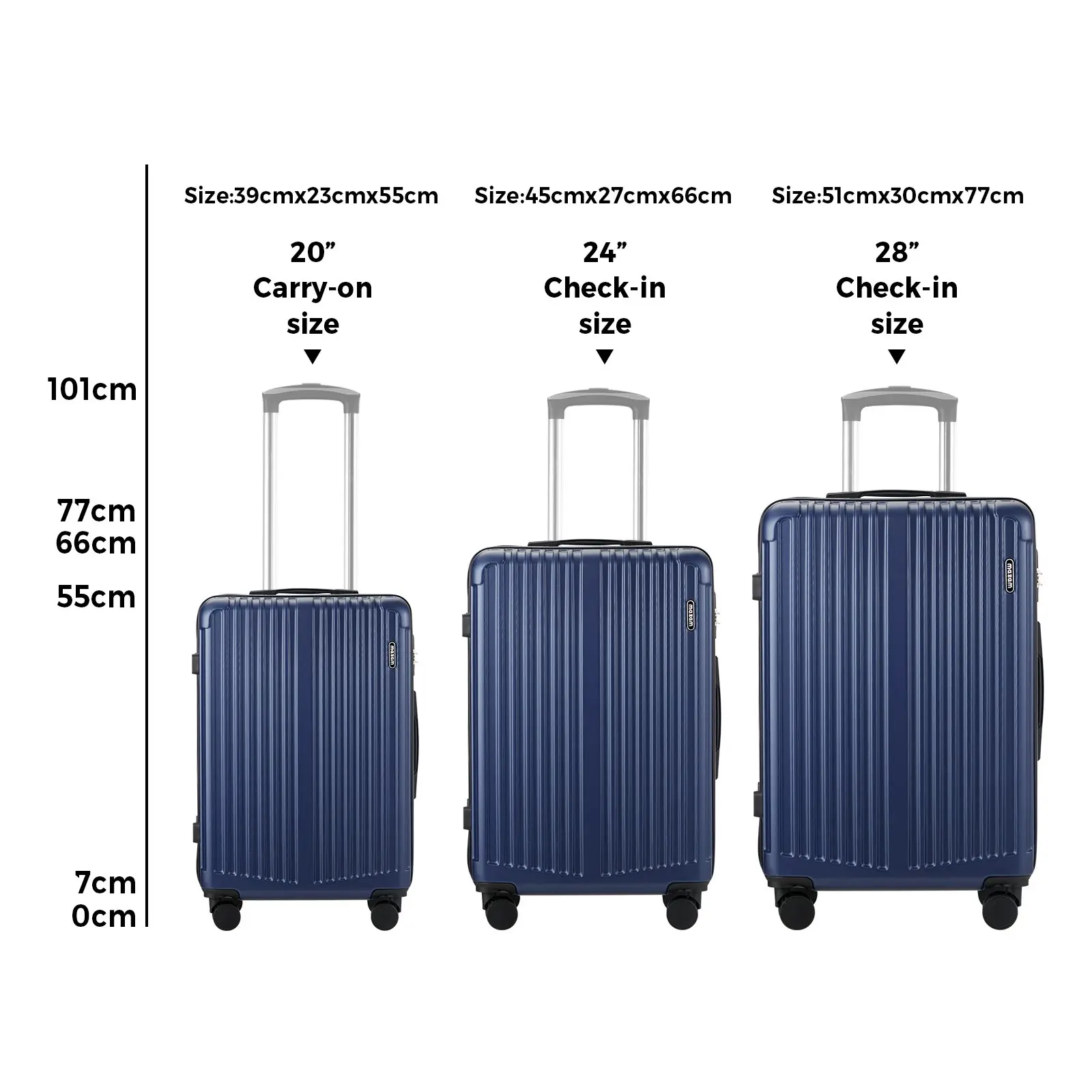 Mazam 3PCS Luggage Suitcase Trolley Set Travel TSA Lock Storage ABS Case Navy