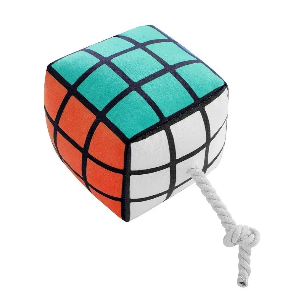 2x Pawsnclaws 16cm Magic Cube Soft Plush Pet Dog Squeaker Chew Toy w/ Rope Large