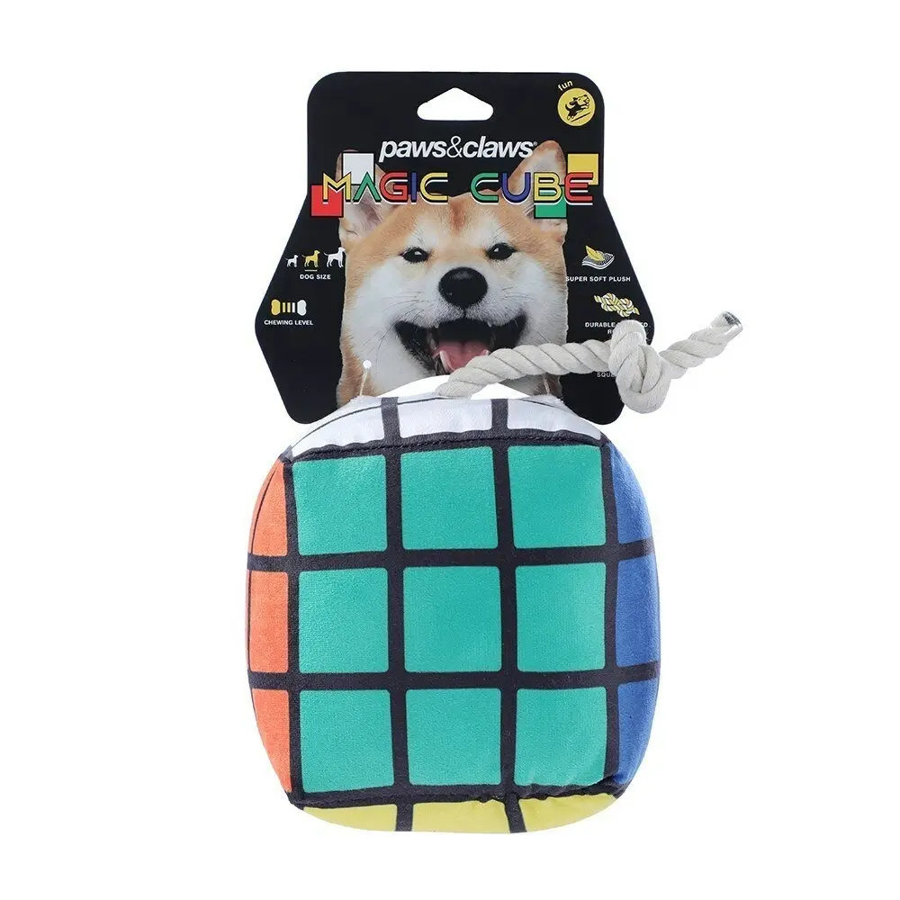 2x Pawsnclaws 16cm Magic Cube Soft Plush Pet Dog Squeaker Chew Toy w/ Rope Large