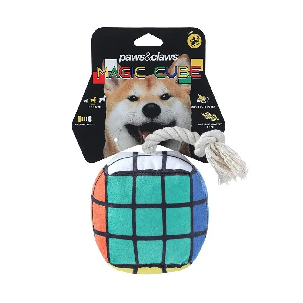 2x Pawsnclaws 11cm Magic Cube Soft Plush Pet Dog Squeaker Chew Toy w/ Rope Small