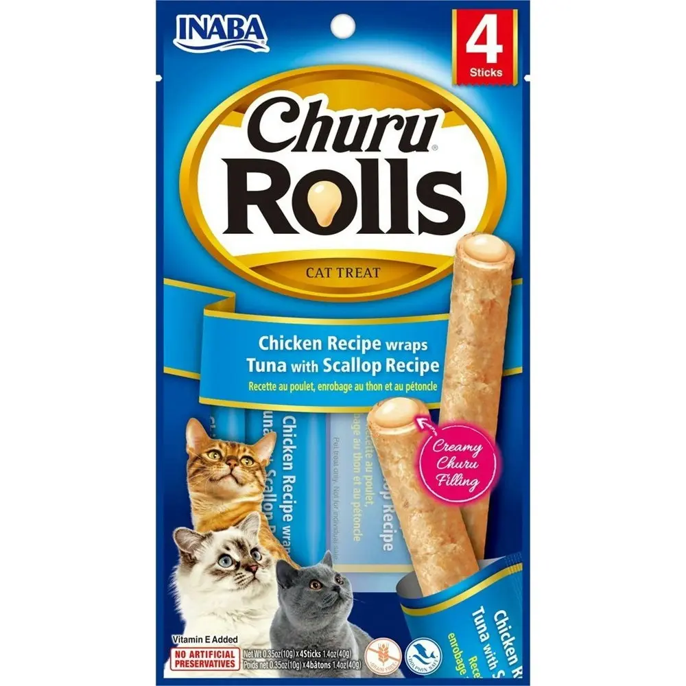 6PK INABA 40g Churu Rolls Chicken Wraps Tuna w/ Scallop Recipe Cat Pet Food Pack