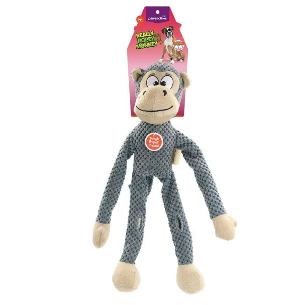 2x Paws & Claws 38cm Really Ropey Monkey Animal Pet Plush Dog Chew/Play Toy Grey