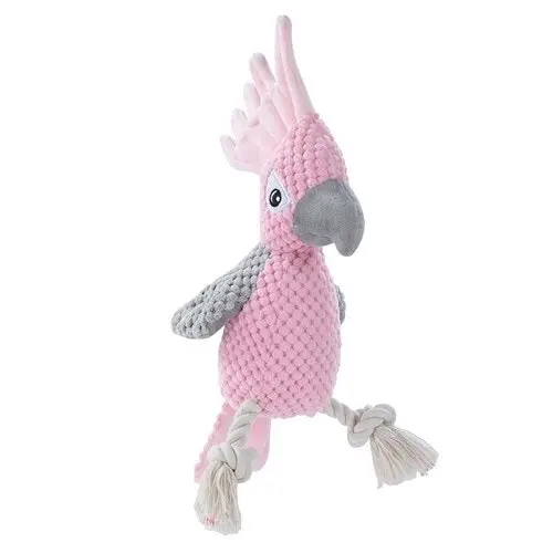 2x Paws & Claws 30cm Cockatoo Soft Plush Dog Chew Bite Toy w/ Rope/Squeaker Pink