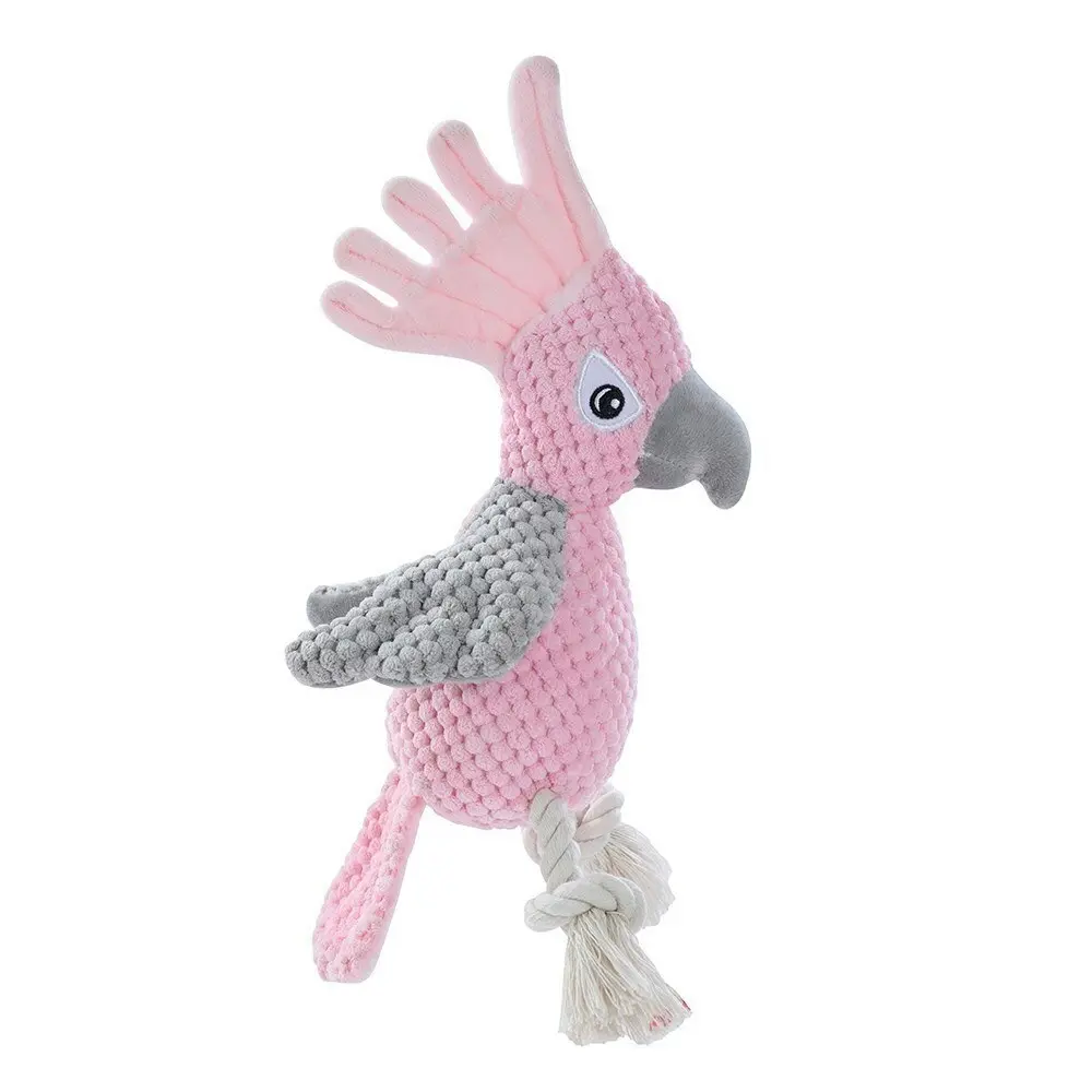 2x Paws & Claws 30cm Cockatoo Soft Plush Dog Chew Bite Toy w/ Rope/Squeaker Pink