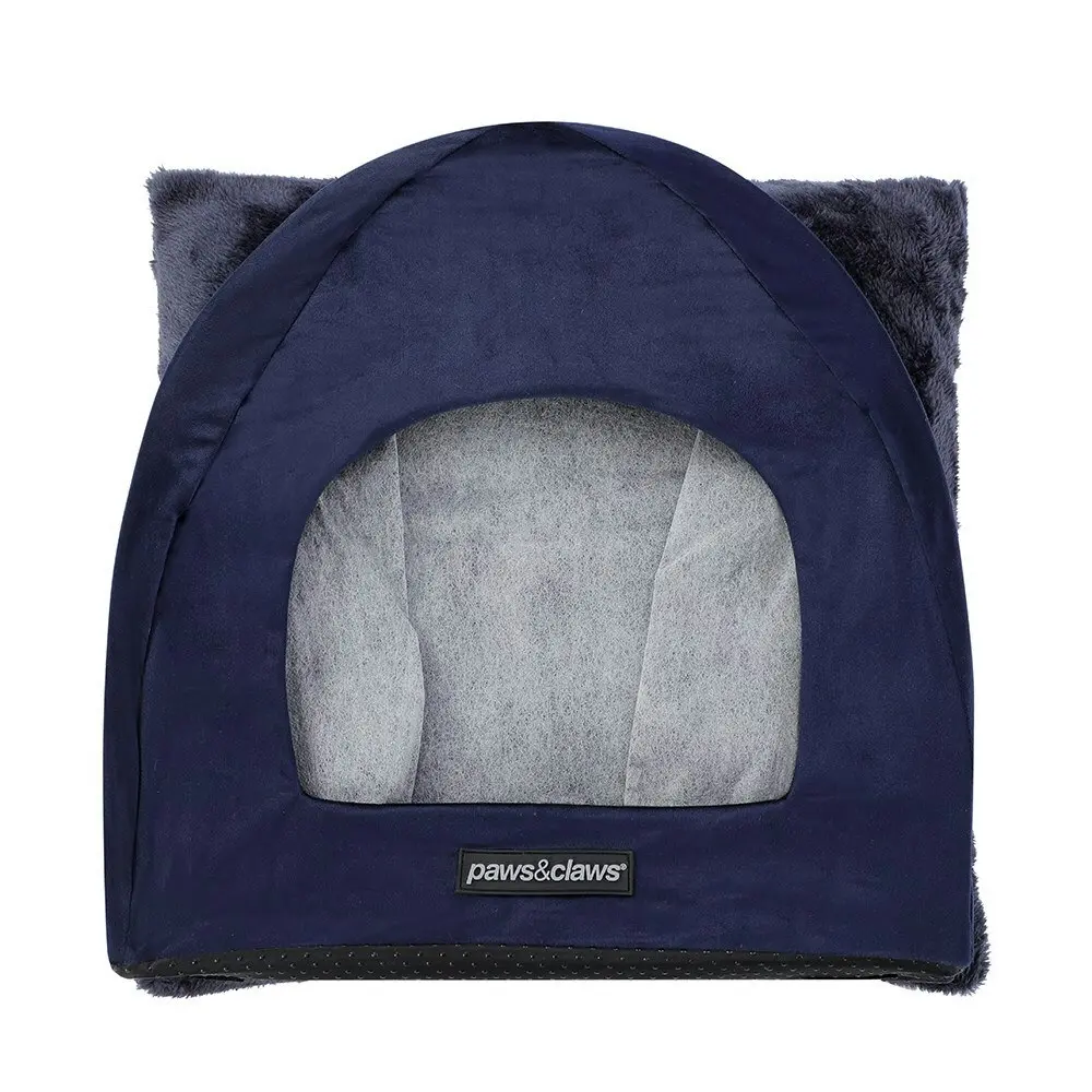 Paws N Claws Lux Velvet Foldable Pet Cat Cave 38x35cm Soft Plush Cushion Navy