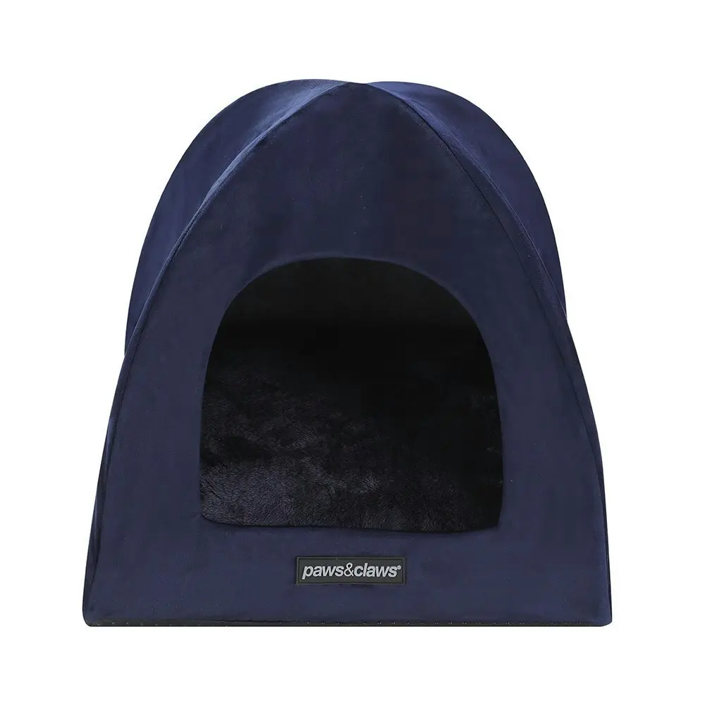 Paws N Claws Lux Velvet Foldable Pet Cat Cave 38x35cm Soft Plush Cushion Navy