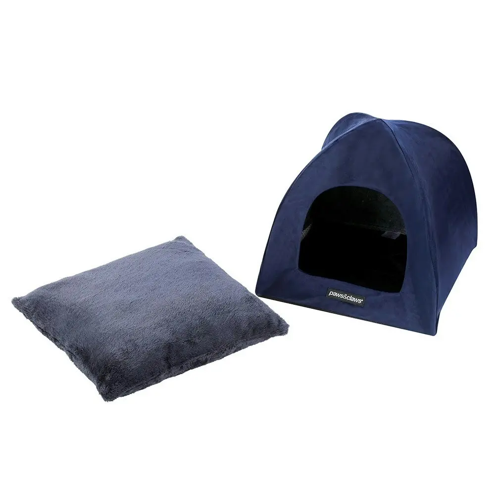 Paws N Claws Lux Velvet Foldable Pet Cat Cave 38x35cm Soft Plush Cushion Navy