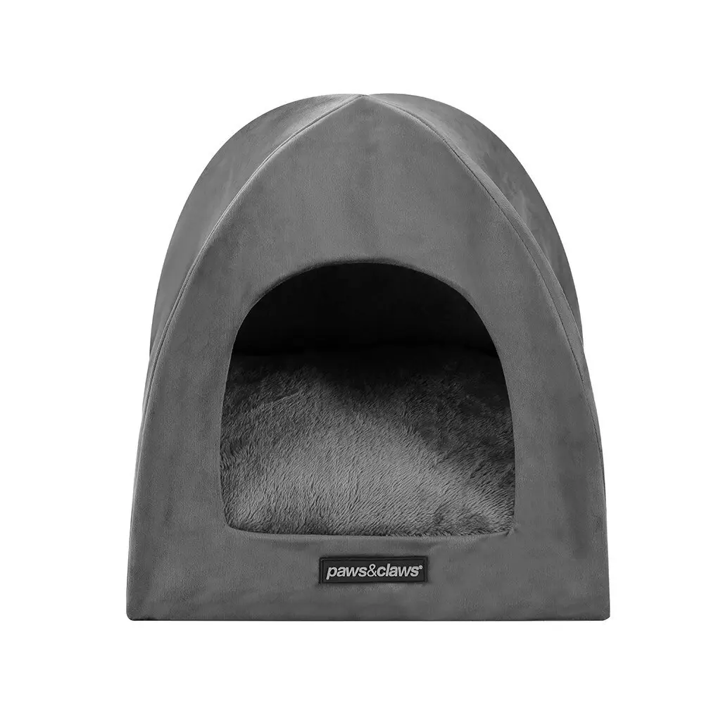 Paws N Claws Lux Velvet Foldable Pet Cat Cave 38x35cm Plush Cushion Dark Grey