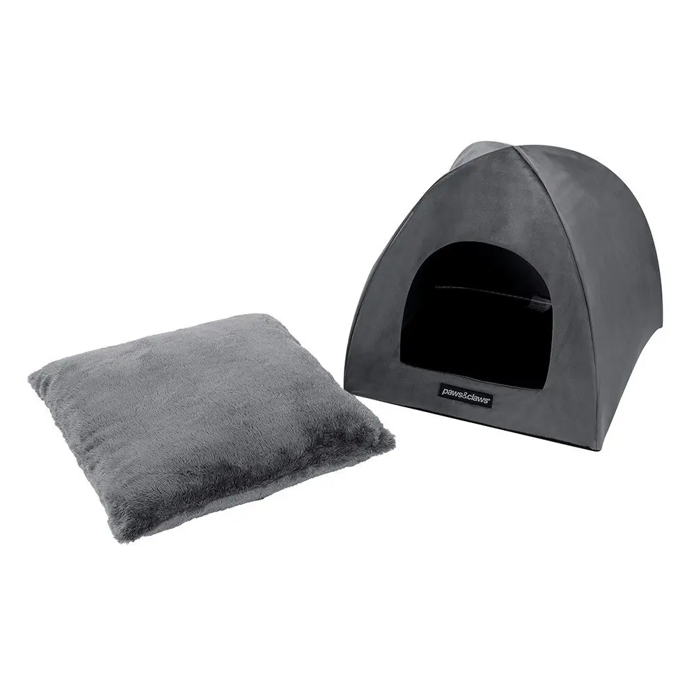 Paws N Claws Lux Velvet Foldable Pet Cat Cave 38x35cm Plush Cushion Dark Grey