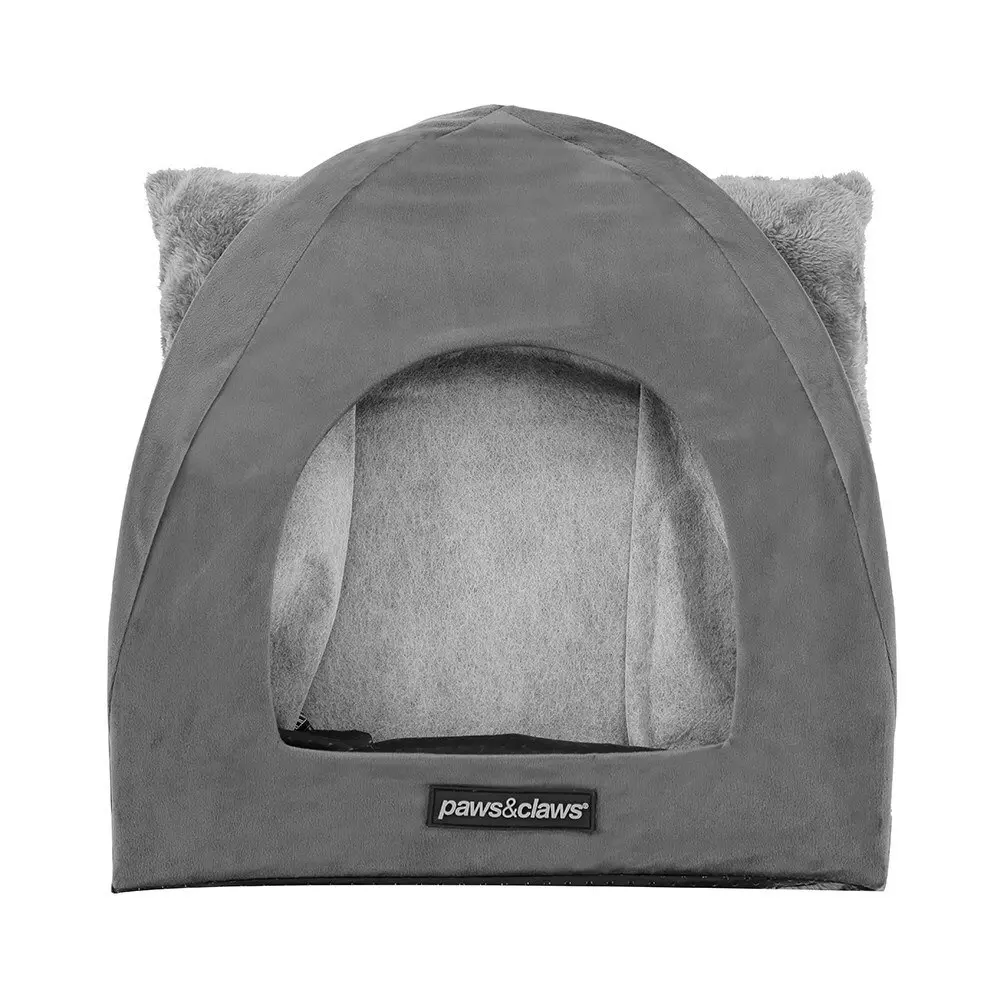 Paws N Claws Lux Velvet Foldable Pet Cat Cave 38x35cm Plush Cushion Dark Grey