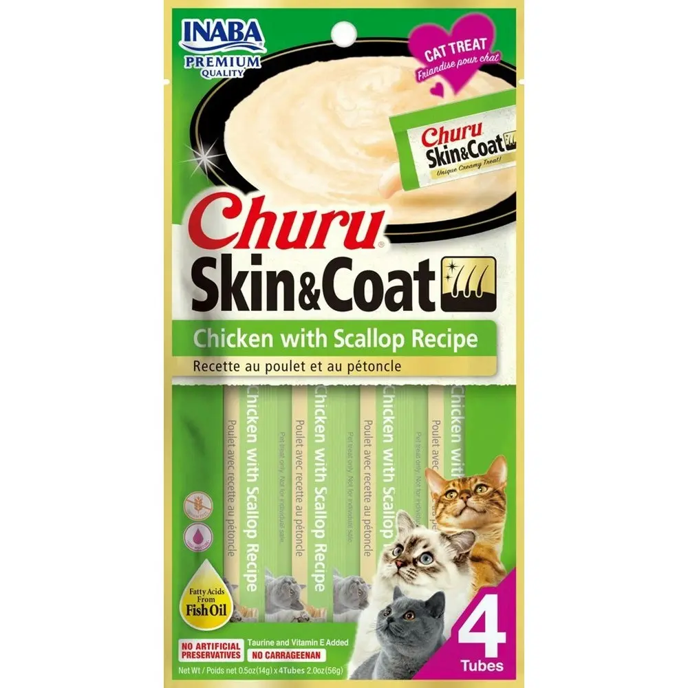 6PK INABA Churu Skin & Coat Chicken w/ Scallop Recipe Cat Pet Food/Treat Pack