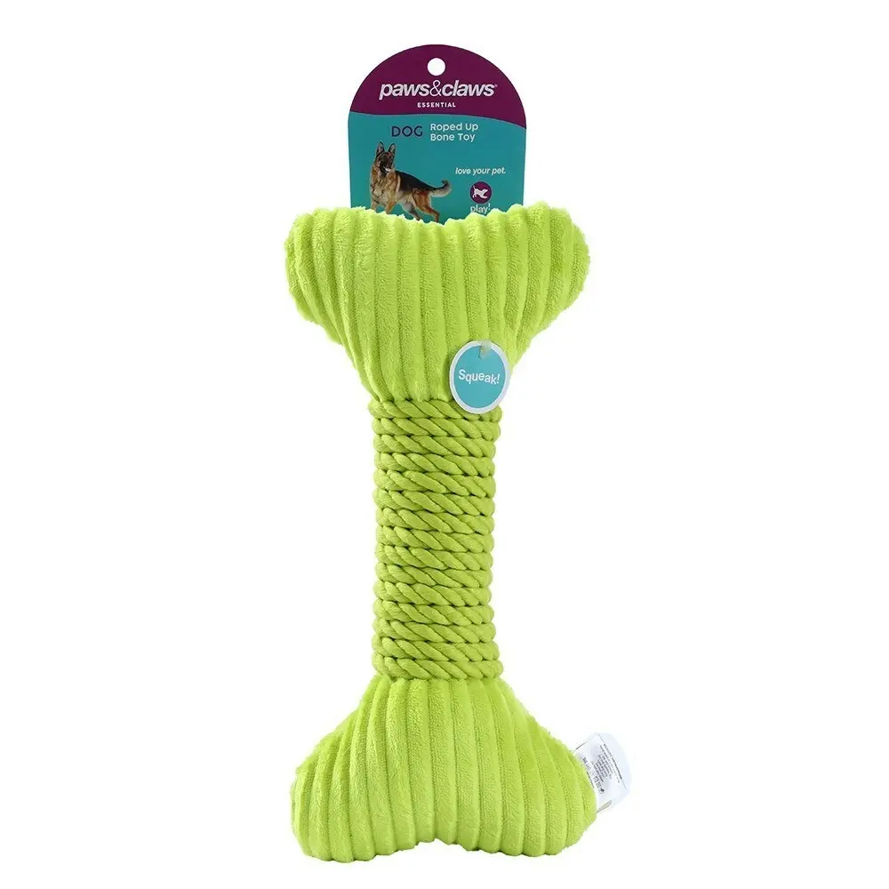 3x Paws & Claws 30x14cm Roped-Up Plush Bone Squeaker Pet/Dog Fun Play Toy Green